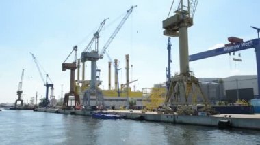 Warnow shipyards in Warnemünde. Building of a gas oil rig in dockyard