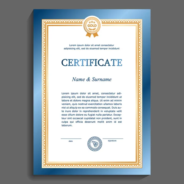 Template Certificate Diploma Blue Gold Colors Strict Elegant Frame Expressing — Stock Vector