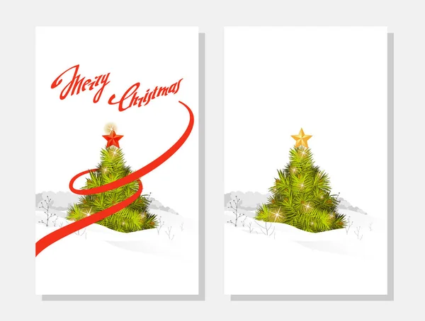 Dva Svislé Praporce Načechranými Mladými Vánočními Stromky Třpytivými Světly Pozadí — Stockový vektor