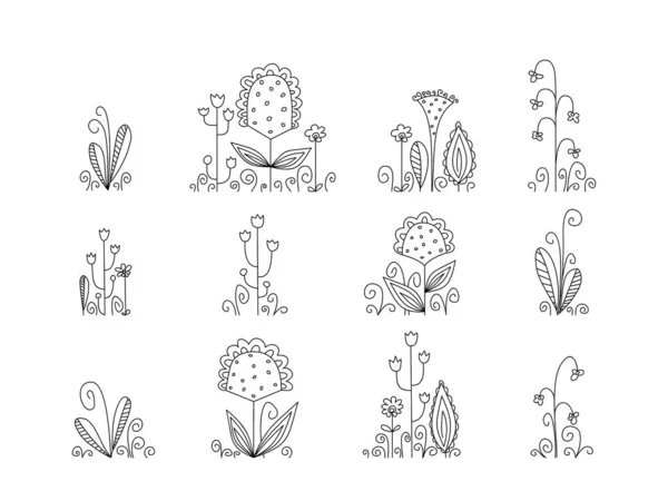 線形漫画の花 幻想的な植物や花のセット 花の牧草地の断片 白い背景のベクトルイラスト — ストックベクタ