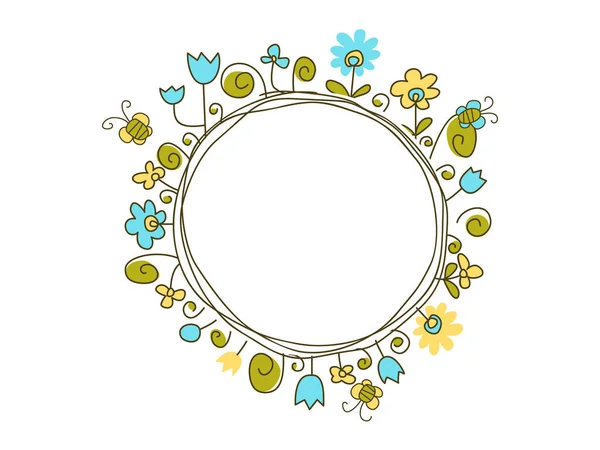 Cadre Rond Avec Fantaisie Fleurs Simples Feuilles Prairie Fleurs Été — Image vectorielle
