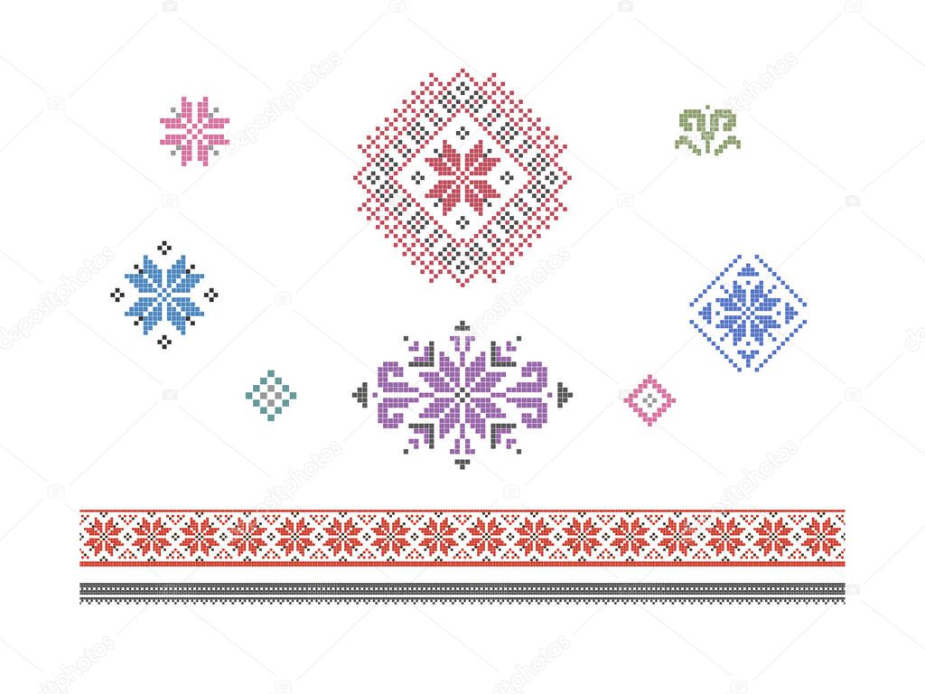 Folklore decorative cross-stitch with stylized flowers. Set of traditional folk elements of embroidery. Vector illustration on white background.