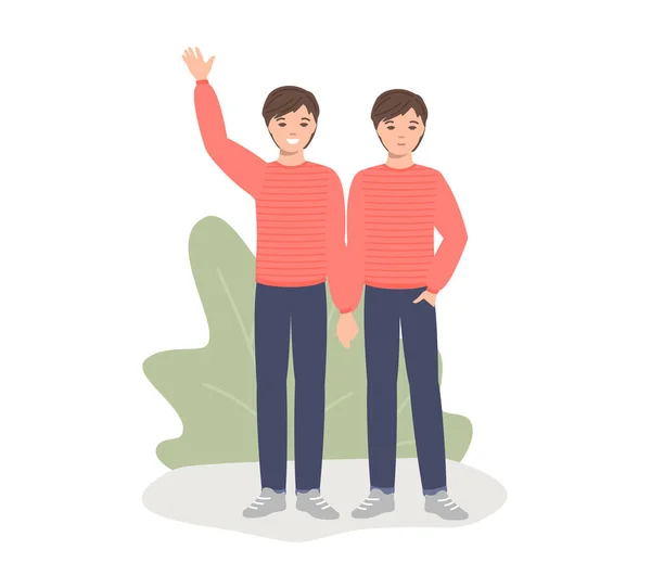 Twee Vrolijke Positieve Jongens Een Tweeling Dubbele Tweelingkinderen Hun Gelijkenis — Stockvector
