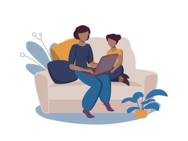 Anne ve kızının dizüstü bilgisayarın başında otururken çekilmiş düz bir tasviri. Çevrimiçi eğitim, öğrenci, dersler, online alışveriş, pazarlar. Beyaz arkaplanda vektör illüstrasyonu.