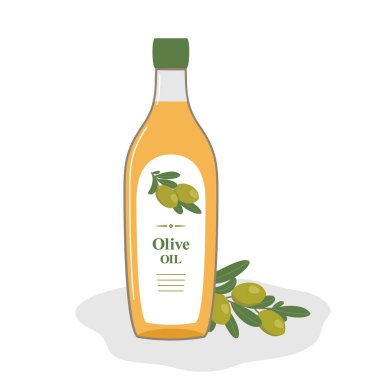 Şişedeki zeytinyağının ve zeytin filizlerinin düz çizimi. Sağlıklı gıda hazırlığı için doğal sağlıklı ürün. Beyaz arkaplanda vektör illüstrasyonu.