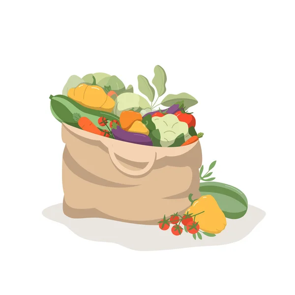 Platt Illustration Matkasse Full Ekologiska Grönsaker Färska Grönsaker Vegetarisk Kost — Stock vektor