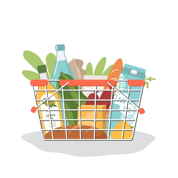 Ilustración Plana Carrito Comestibles Lleno Alimentos Bebidas Verduras Compras Tiendas — Archivo Imágenes Vectoriales