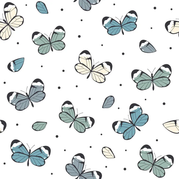 蝶や点は 白い背景に蝶とシンプルな穏やかなシームレスなテクスチャです 温かみのある色で描く 衣類のためのテクスチャ ベクターイラスト — ストックベクタ