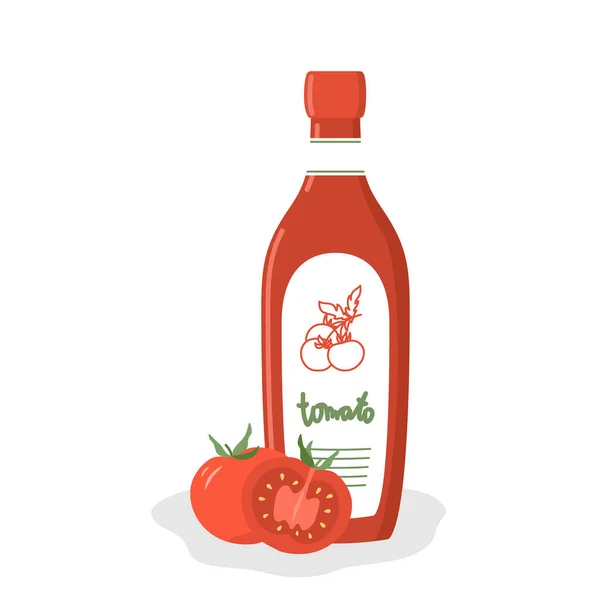 Složení Lahví Kečupu Zeleniny Plochá Ilustrace Rajčatového Kečupu Rajčat Lahodná — Stockový vektor