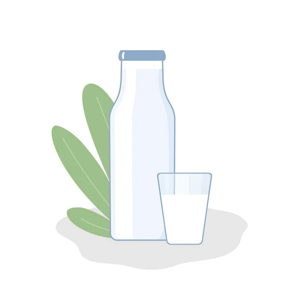 Ilustração Plana Produtos Lácteos Uma Garrafa Vidro Leite Iogurte Kefir — Vetor de Stock