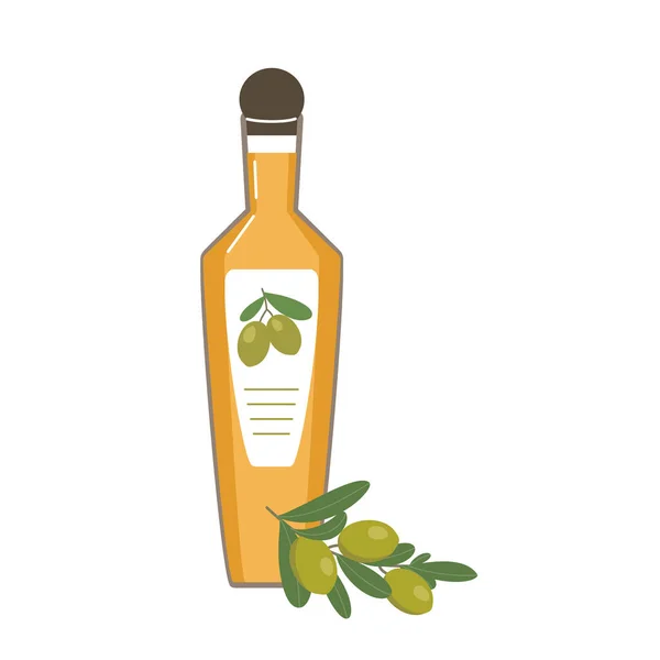 瓶子里橄榄油和橄榄枝的扁平图解 天然健康产品用于健康食品的配制 白色背景的矢量说明 — 图库矢量图片