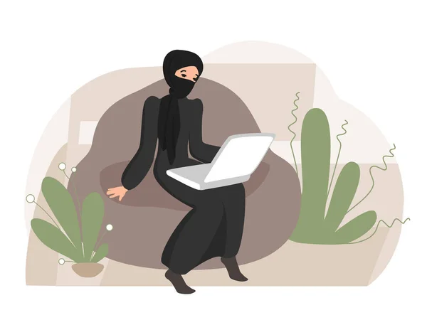 Disegno Piatto Una Ragazza Hijab Computer Portatile Apprendimento Online Comunicazione — Vettoriale Stock