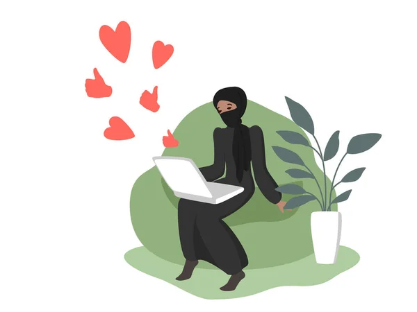 Disegno Una Giovane Donna Swarthy Hijab Suo Computer Portatile Feedback — Vettoriale Stock