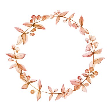 Kırmızı-kahverengi suluboya ile boyanmış Hupericum bitkisinin dallarından yapılmış yuvarlak çerçeve. Tonlu bitki çizimleri, beyaz arka planda izole edilmiş, yazı için boşluk. Basit çiçek çelengi..