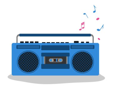 Kasetçalar. İçinde notlar olan eski bir kayıt cihazının vektör illüstrasyonu. Düz stil ön taraf. 