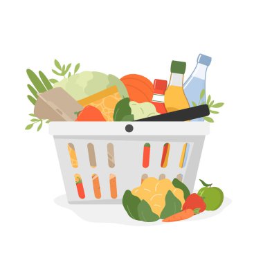 Çeşitli yiyecek, içecek ve sebzelerle dolu bir market sepetinin düz çizimi. Market alışverişi, taze lezzetli gıda ürünleri, mutfak için doğal tarım ürünleri. Beyaz arkaplanda vektör.