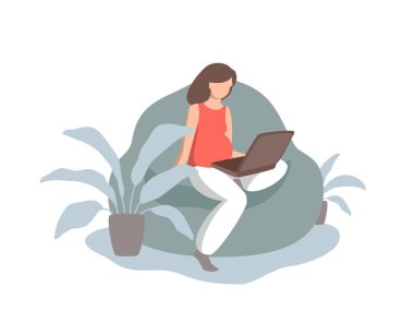 Bilgisayarında hamile bir kadın var. Uzaktan çalışma ve eğitim, sosyal ağ ve video iletişimi, uzak toplantılar ve konferanslar. Düz vektör illüstrasyonu.