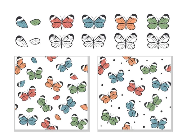 Set Mit Bunten Schmetterlingen Und Zwei Nahtlosen Texturen Auf Weißem — Stockvektor