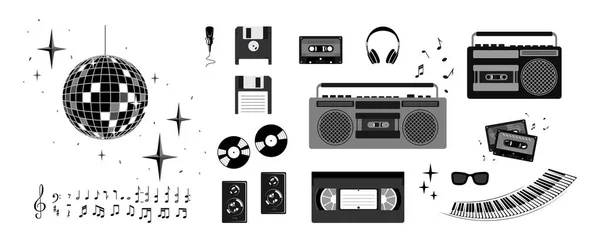 Conjunto Elementos Musicales Blanco Negro Estilo Retro Bola Disco Grabadora — Vector de stock