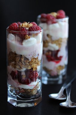 Ahududu, granola ve yoğurt ile trayfl.