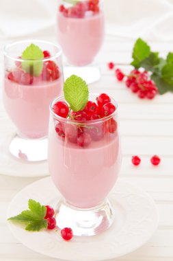 Panna cotta tatlı kırmızı kuş üzümü, seçici odak ile.