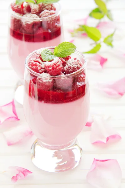 Himbeerdessert Panna cotta, selektiver Fokus. — Stockfoto