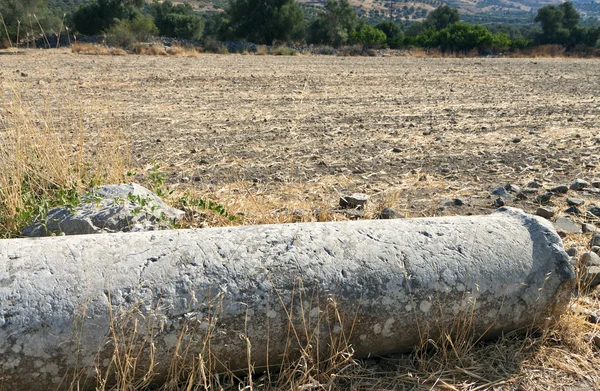 Antigua columna yaciendo sobre la suciedad en Grecia —  Fotos de Stock