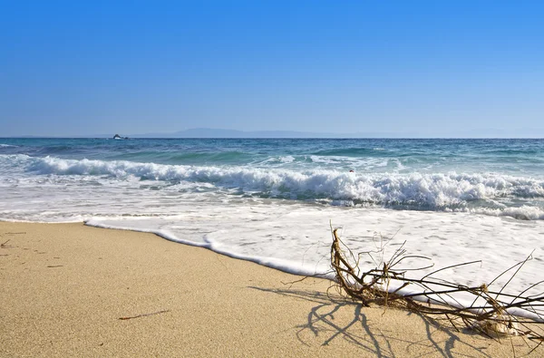 Playa soleada en la costa mediterránea de Grecia —  Fotos de Stock