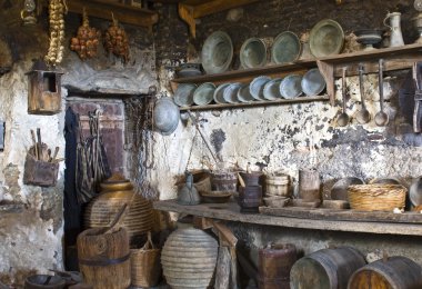 Old traditional kitchen inside a Greek monastery clipart