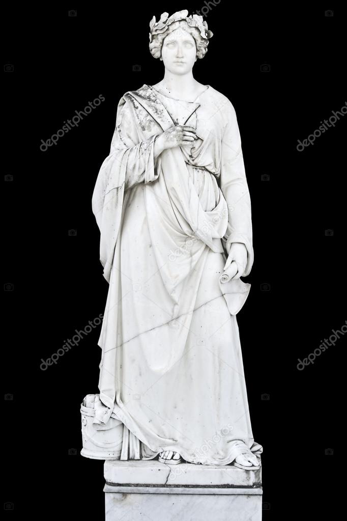 Statue on black background showing a greek mythical muse