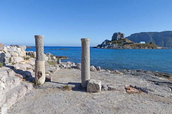 St. Stefanos ancient Basilica and coast at Kos island in Greece