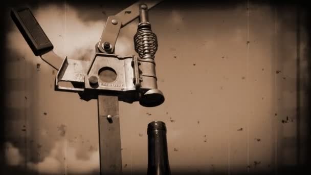 Cork pressed into bottle of wine medium shot sepia — Stock Video