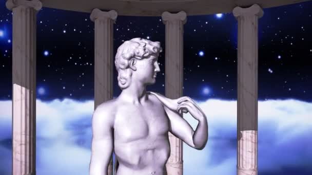 Greek temple in cosmic scene with a sculpture — Stock Video