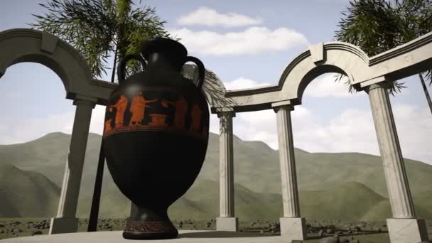 Ancient greek temple with an old vase — Stock Video