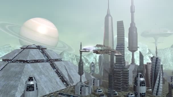 Animation de vaisseaux spatiaux futuristes au-dessus de la ville pyramidale 
