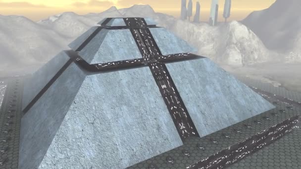 Ruimteschip opstijgen vanaf futuristische piramide zoom-in — Stockvideo