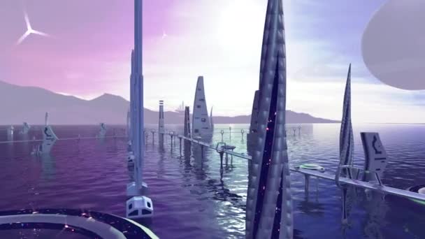 Animație Unui Oraș Fantezie Planeta Extraterestră Mai Multe Clădiri Nave — Videoclip de stoc