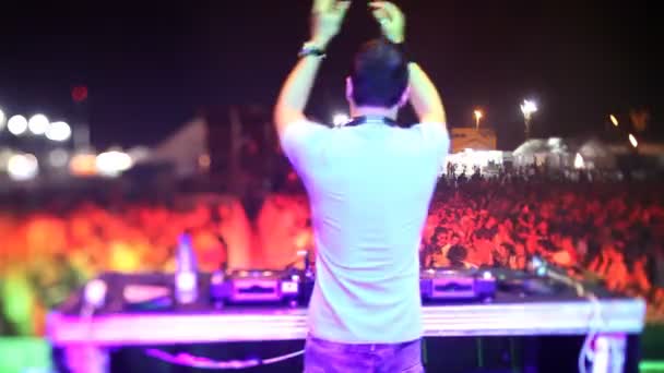 Vista de trás de um DJ olhando para a multidão em um festival — Vídeo de Stock