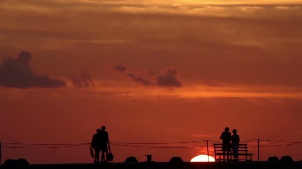 On a pier in silhouette as the sun sets behind them, cozumel, mexico — Stock Video