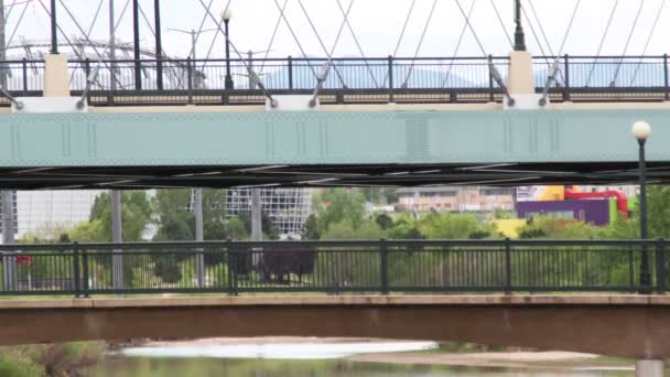 View of pedestrian bridge and vehicle bridge in backgroud, denver, colorado — Stock Video