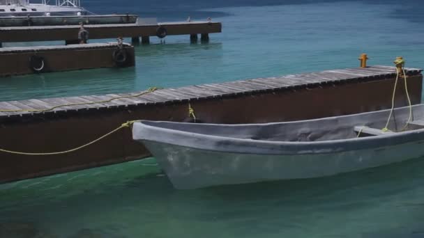 Un pequeño barco pesquero amarrado en agua caribeña — Vídeo de stock