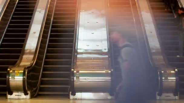 Timelapse de multitudes de viajeros que utilizan escaleras mecánicas en la gran estación central de Nueva York — Vídeo de stock