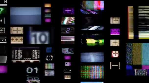 Digital animation of hd screens showing film and tv related static distortion and countdowns — Stock Video