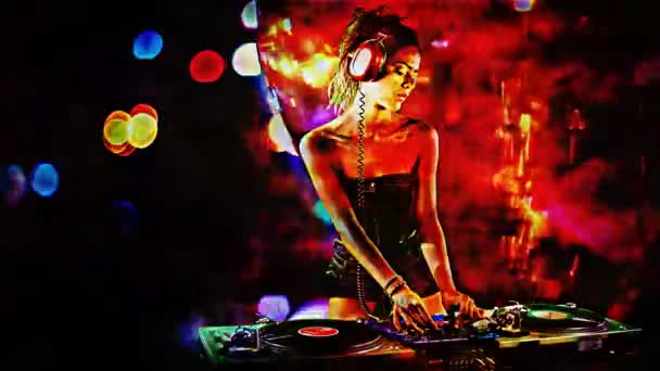 A sexy female dj dancing and playing records with disco style background — Stock Video