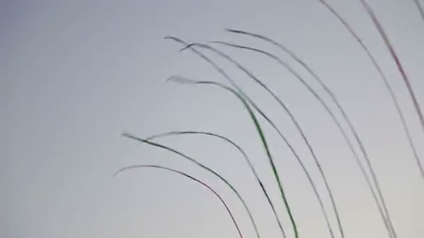 A line of kites attached together flying in the air — Stock Video