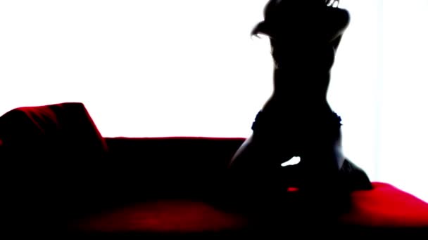 Silhouet van een mooie sexy meisje dansen in een suite hotel — Stockvideo