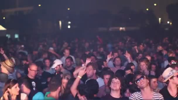Publiken och dansarna vid ett utomhus elektronisk musikevenemang — Stockvideo