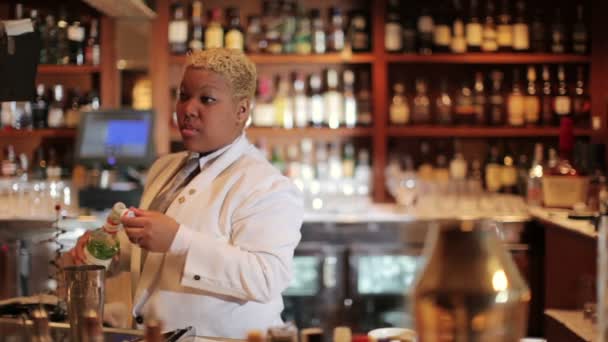Kobieta kelner koktajl w klasycznym patrząc koktajl bar — Wideo stockowe