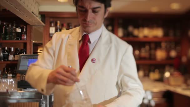 Een mannelijke cocktail ober in een klassiek op zoek cocktailbar — Stockvideo