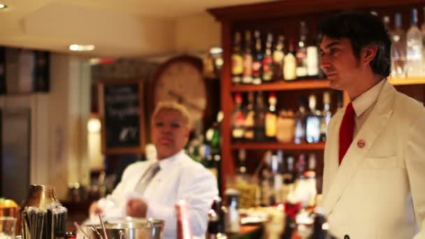 Een vrouwelijke en mannelijke cocktail ober in een klassiek op zoek cocktailbar — Stockvideo